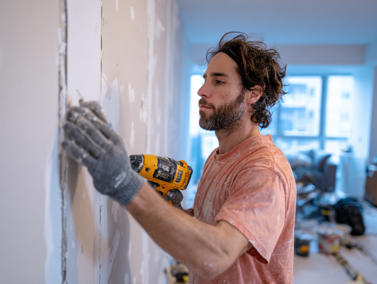 Worker installing drywall panels with a power drill during soundproofing construction inside a modern apartment